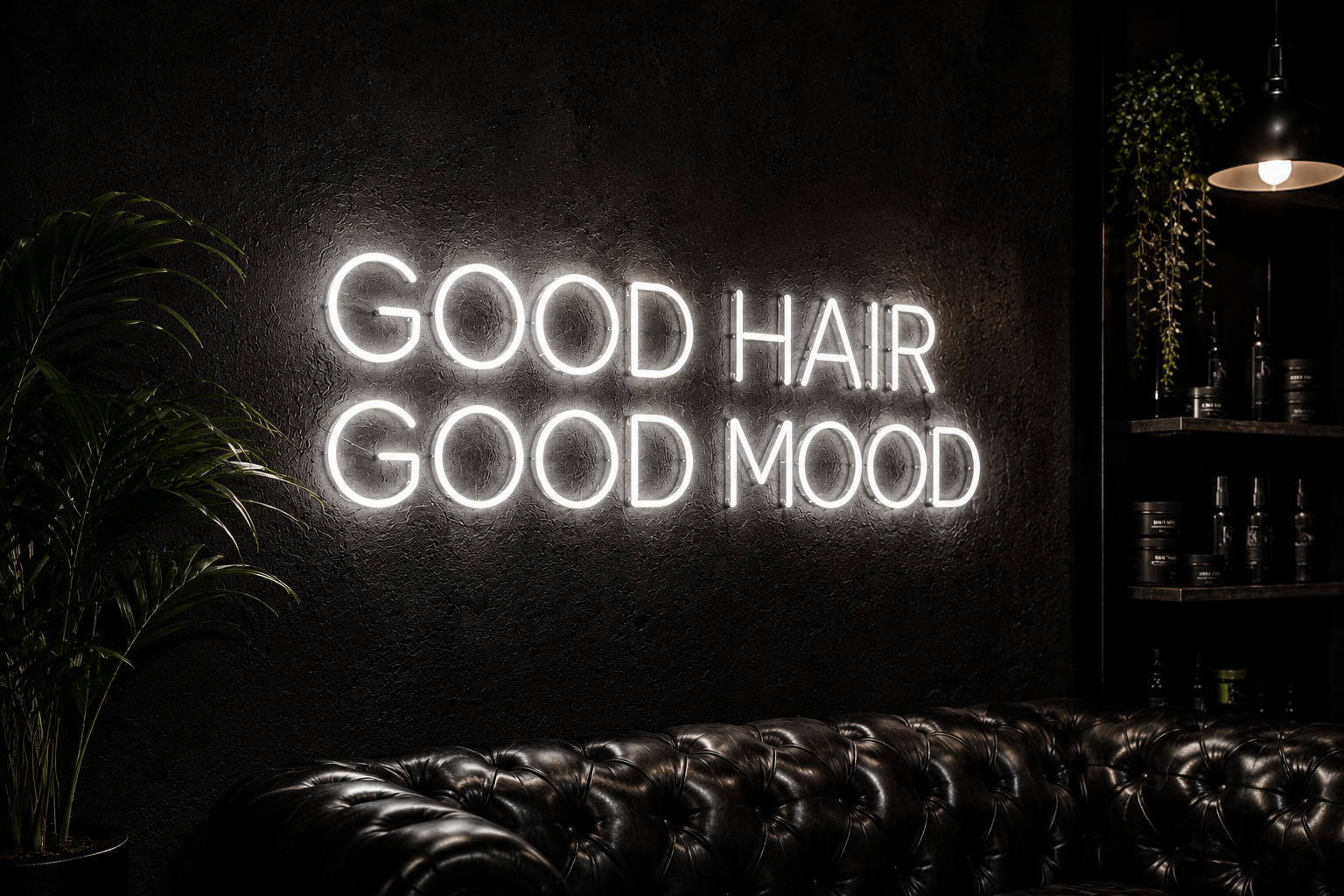 Good hair good mood neon sign inside the barber studio